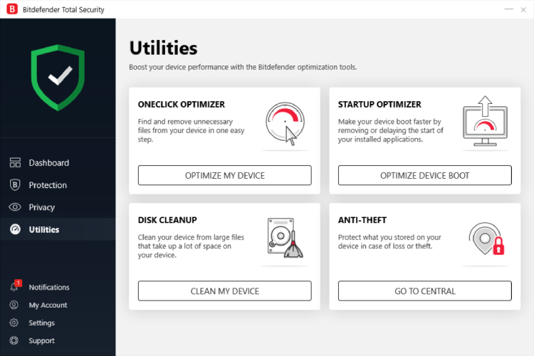 Bitdefender Total Security, main screen.