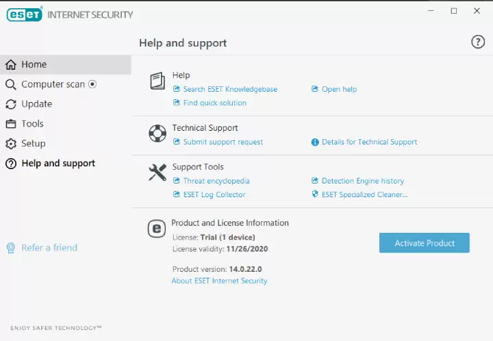 Eset Internet Security Support Next to Scanning Options Tools, and Setup.